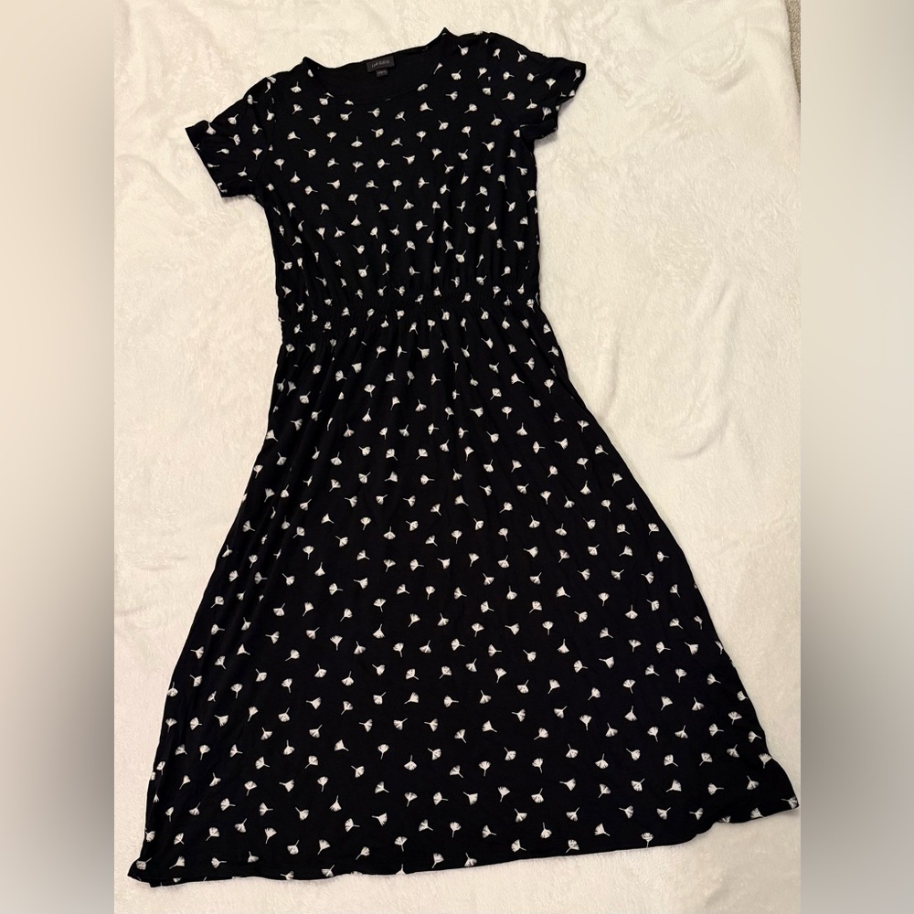 J. Jill Womens S Wearever Collection SS Black Ginko Leaf Dress Elasticized Waist